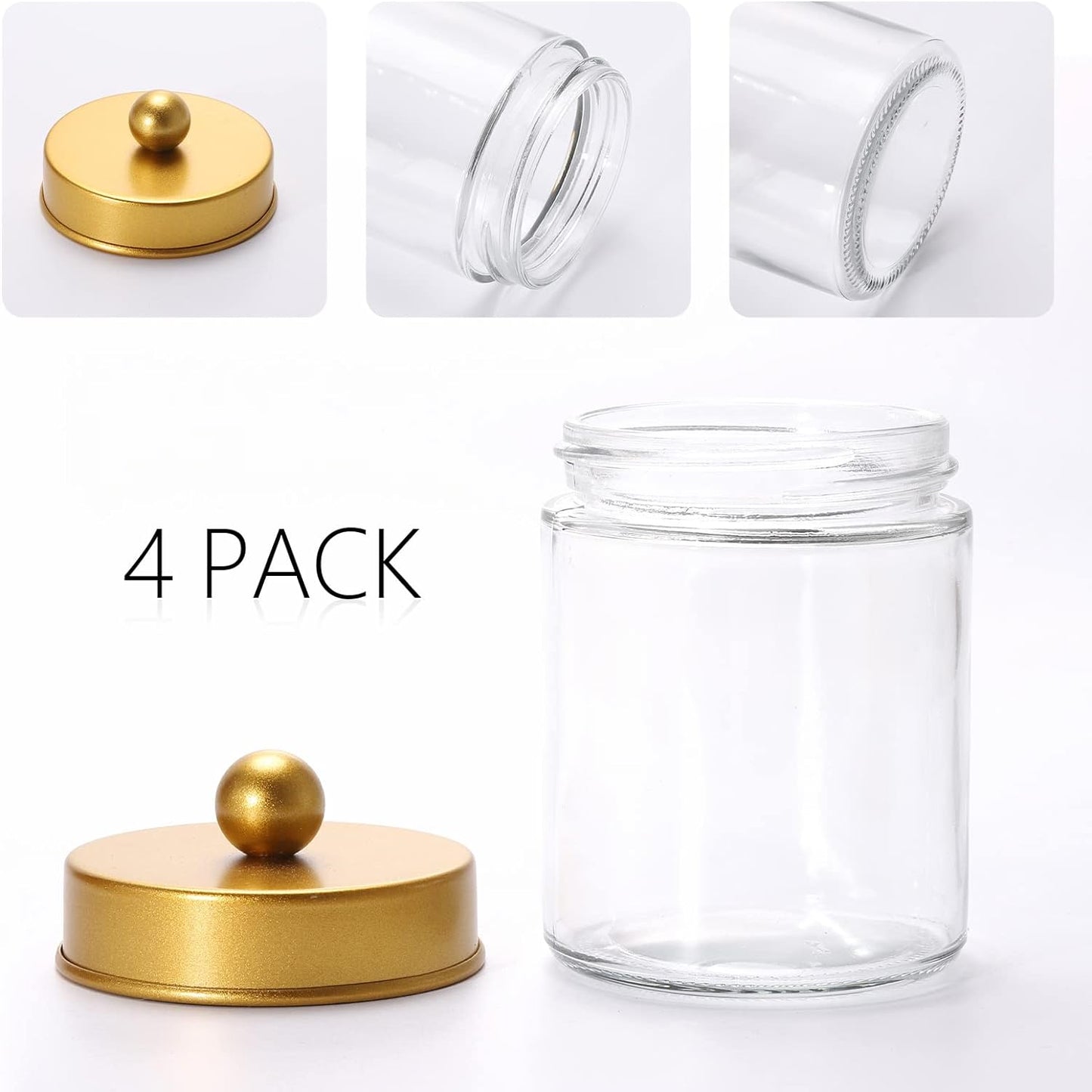 Tbestmax 4 Pack Glass Qtip Holder Dispenser, 10-Ounce Restroom Bathroom Organizers and Storage Containers, Apothecary Jars with Metal Lids for Cotton Ball Swab Pad, Gold