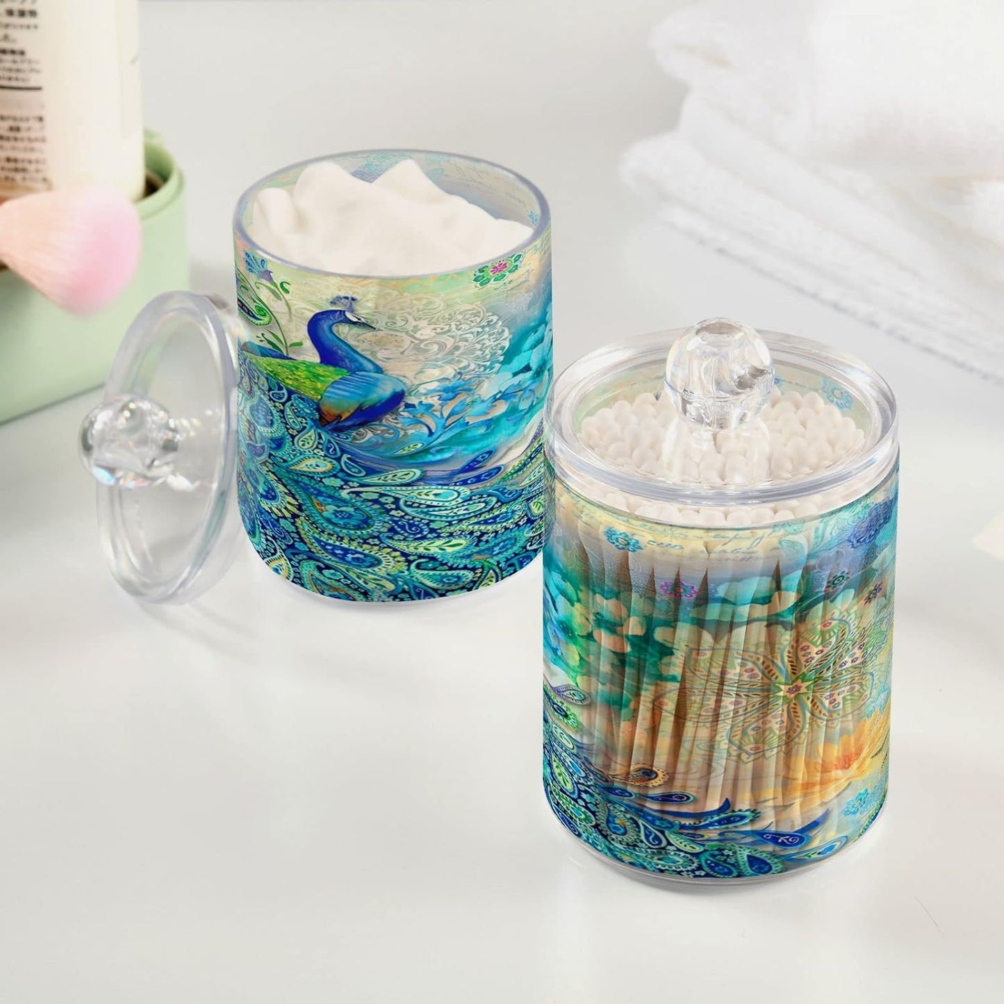 2 Pack Qtip Holder Organizer Dispenser Blue Marble Abstract Fluid Art Bathroom Storage Canister Cotton Ball Holder Bathroom Containers for Cotton Swabs/Pads/Floss