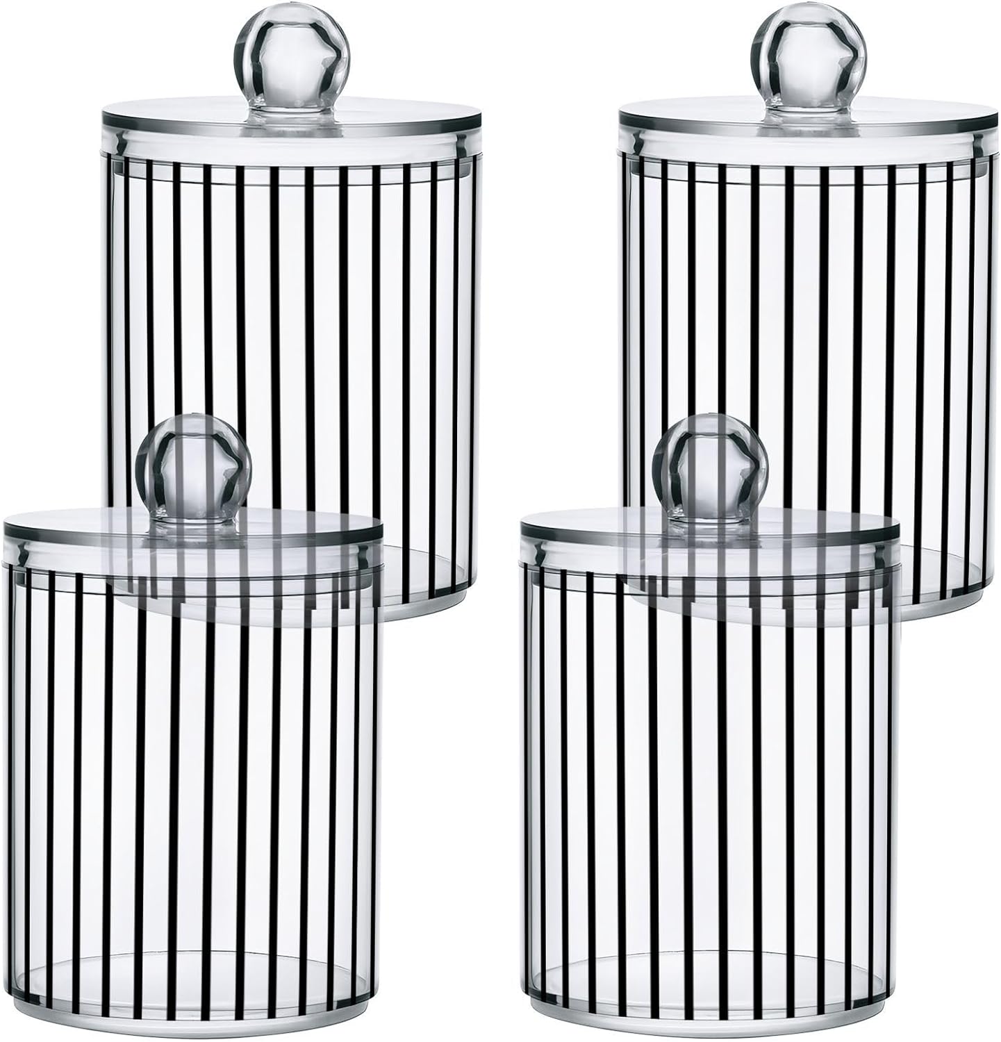FLildon Black White Stripes Qtip Holder Dispenser, Bathroom Organizer and Storage Containers, 4Pack Clear Plastic Apothecary Jars with Lids for Cotton Ball, Cotton Swab, Floss